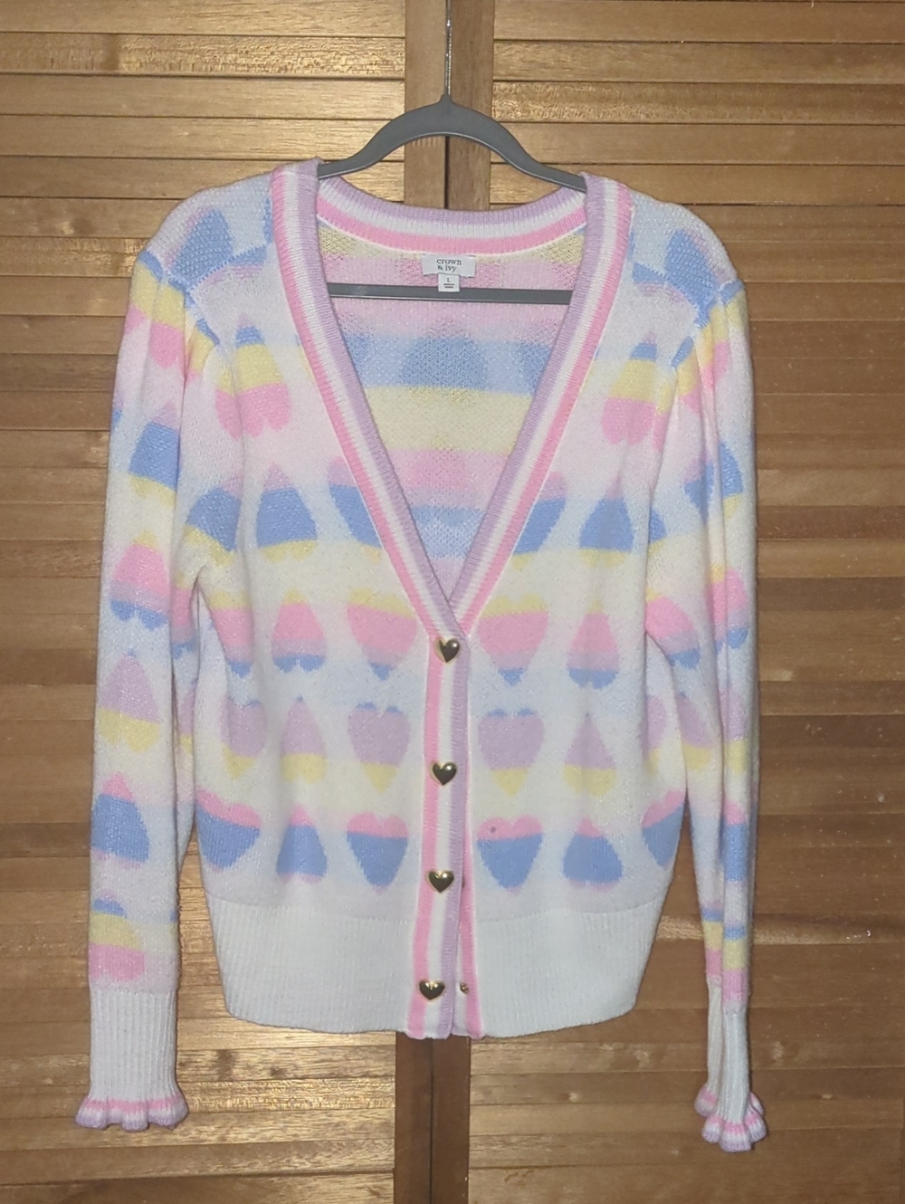 crown & ivy Pastel Heart V-Neck Cardigan - White with Pink, Blue, Yellow